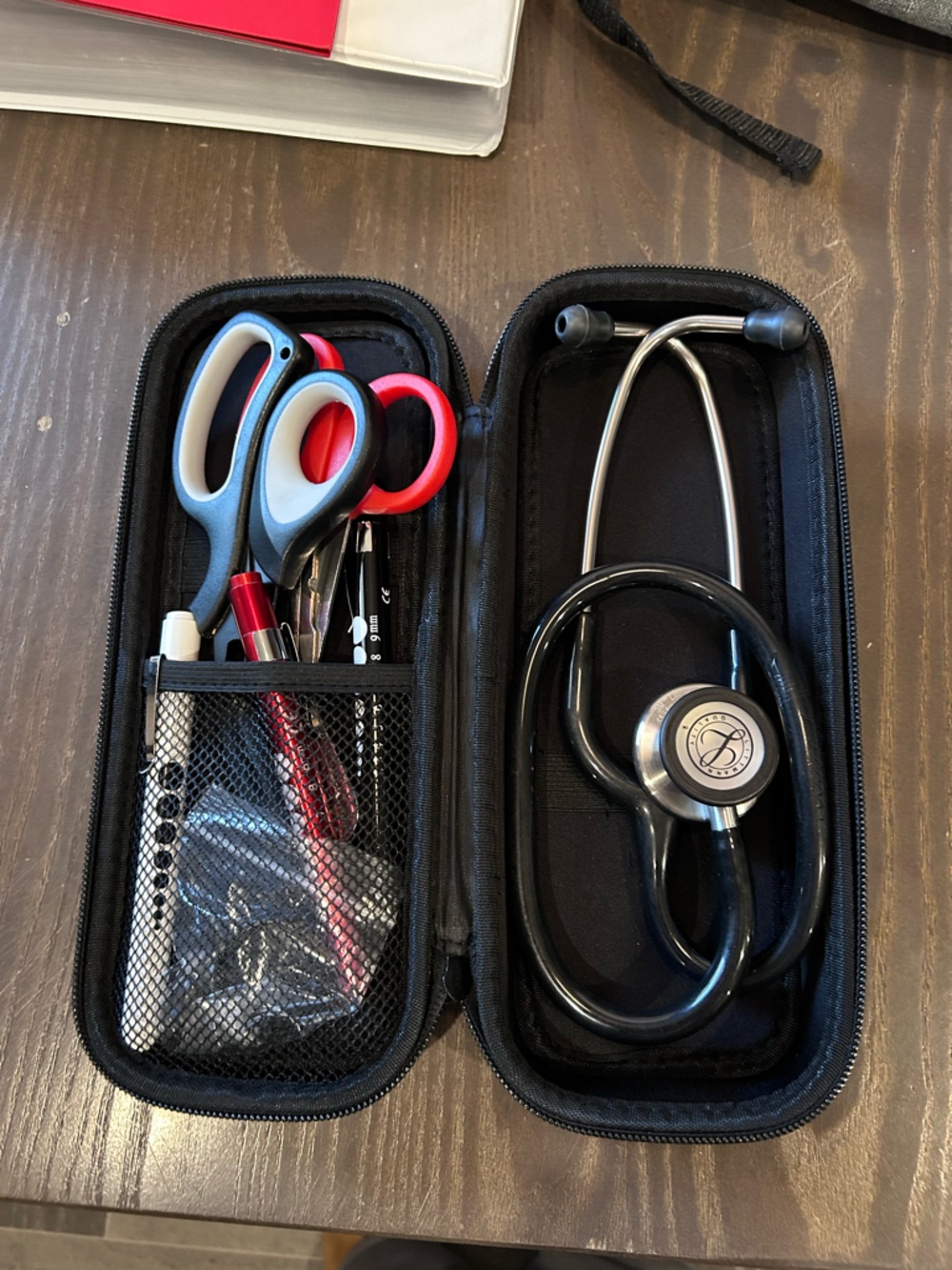 Black Stethoscope in Zip Case with Red-Accented Scissors